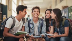 Teen smiling with friends and showing straight teeth
