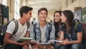 Teen smiling with friends and showing straight teeth
