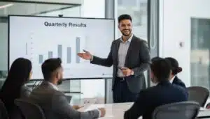 Young professional smiling during clear aligners vs braces talk